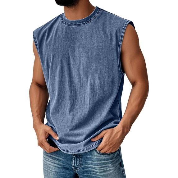 Dresfit Tank Tops Mens Cut Off Distressed Sleeveless Shirts Crew Neck Washed Vintage T Shirts 2026 Summer Oversized Muscle Fit Oversized Gym Shirt Blue S