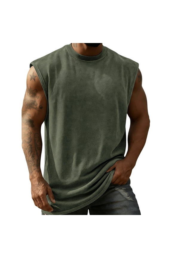 Tank Tops Mens Sleeveless Washed Cut Off Shirts Distressed Crew Neck Gym Basic Tees 2026 Summer Loose Oversized Oversized Vintage Shirt Army Green 5XL