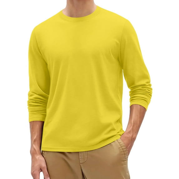 Dresfit Thermal Shirts for Men Solid Color Big and Tall Tshirts 2025 Oversized Long Sleeve Crew Neck Muscle Shirt Fall Stretch Lightweight Button Fashion Yellow 3XL