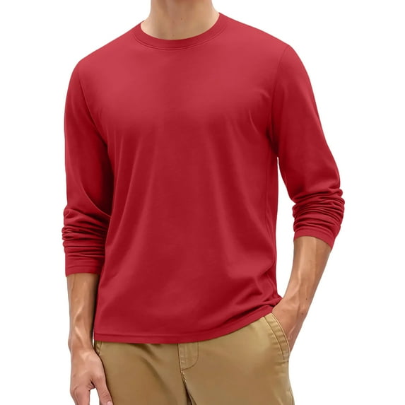 Dresfit Thermal Shirts for Men Solid Color Big and Tall Tshirts 2025 Stretch Crew Neck Long Sleeve Athletic Shirt Fall Lightweight Slim Fit Button Fashion Red M