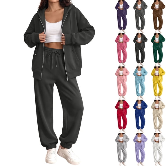 Dresfit Track Suits Women Hooded Zip Up Jogging Suits Long Sleeve Outdoor Jackets Matching Wide Leg Joggers 2 Piece Outfit Drawstring Zipper Outfits XL
