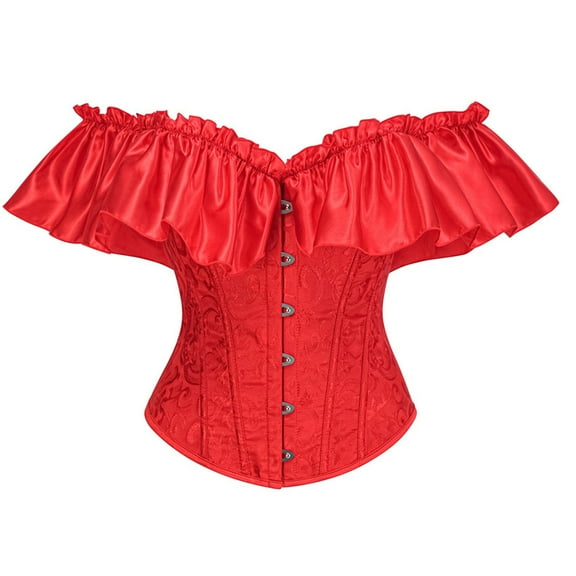 Dresfit Tummy Control Corset Top for Woman, Leather Embroidered Vintage Body Shaper Bodysuits Ruffled Off Shoulder Burlesque Bustier Tops Red 2XL