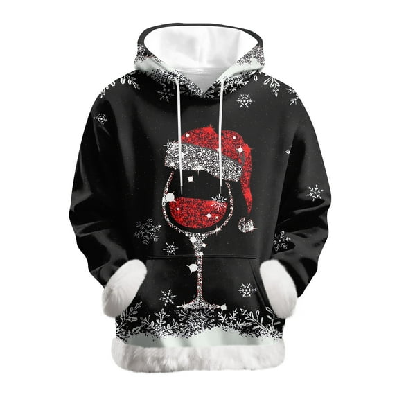 Dresfit Ugly Christmas Sweater for Women Drawstring Xmas Pullover Winter Hooded Fleece Lined Long Sleeve Hoodie with Fur Cuffs & Hem Faux Fur Fleece Sweatshirts Black S