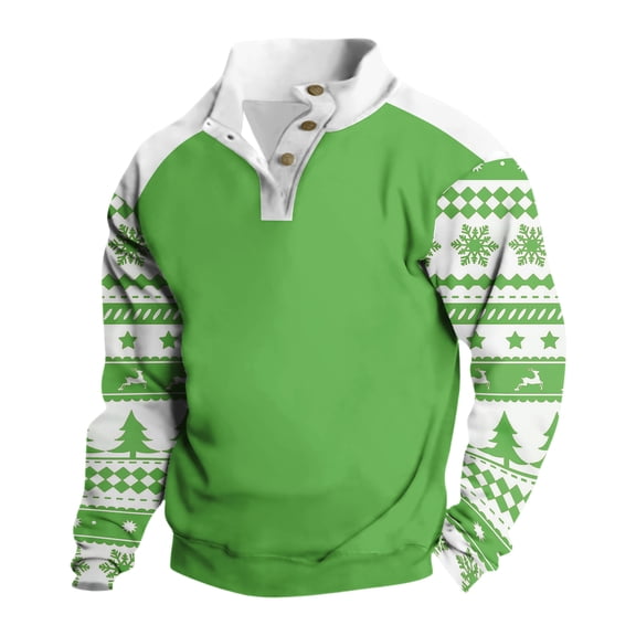 Dresfit Ugly Christmas Sweatshirt for Men Button Color Block Xmas Colorful Sweaters Winter Long Sleeve Stand Collar Fun Pullover Cotton Sweatshirts Green 2XL
