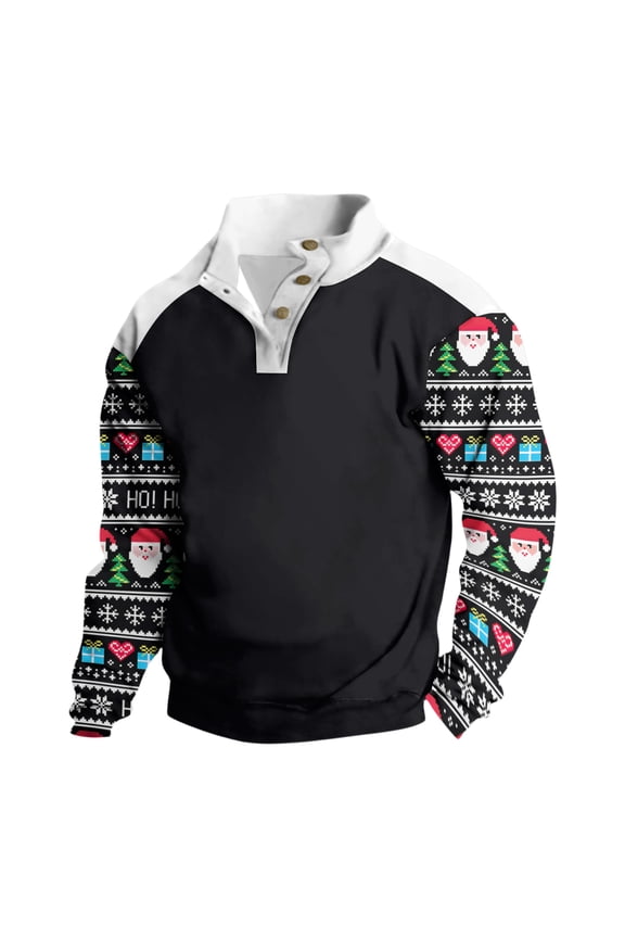 Ugly Christmas Sweatshirt Mens Stand Collar Long Sleeve Xmas Fun Pullover Winter Button Color Block Cotton Sweatshirts Festive Warm Sweaters Black XL
