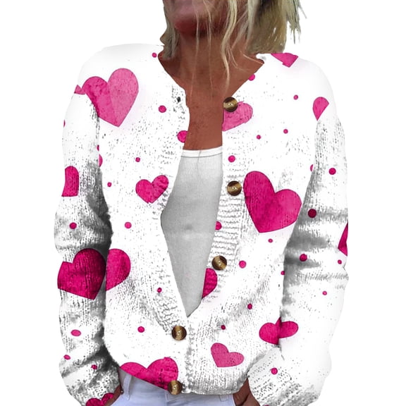 Dresfit Valentines Cardigan for Woman Open Front Knitted Jacket 2026 Heart Print Button Down Valentine's Day Sweater Oversized Plus Size Graphic Blouses Vermilion M