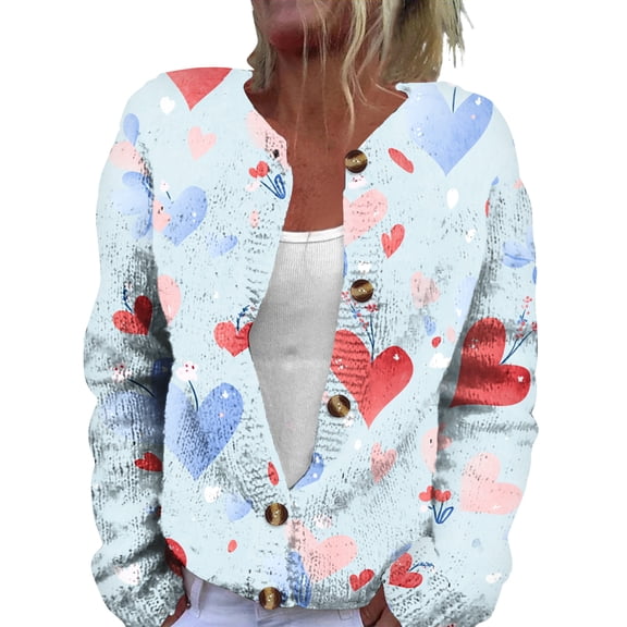 Dresfit Valentines Cardigan for Women Heart Print Knitted Jacket 2026 Open Front Button Down Valentine's Day Sweater Plus Size Graphic Button Up Blouses Wine XL