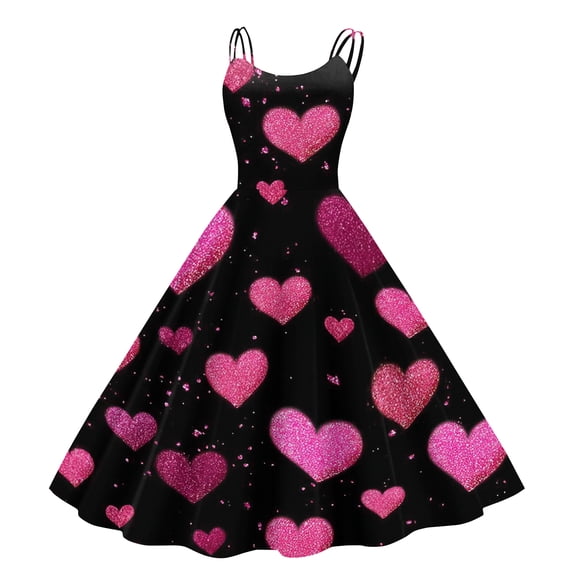 Dresfit Valentines Dresses Women Midi Dress 2026 Spaghetti Straps Heart Print Valentines Day Sundress Vintage Fit Sleeveless Swing Dresses Pink 2XL