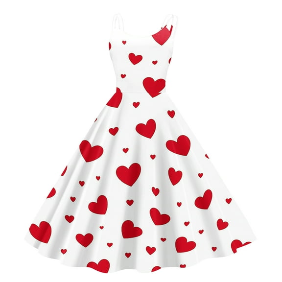 Dresfit Valentines Dresses for Woman Heart Print Dress 2026 Spaghetti Straps Midi Valentines Day Swing Dresses Flare Adjustable Sundress Red S