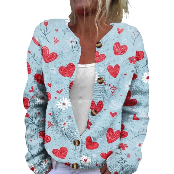 Dresfit Valentines Jacket Womens Open Front Knitted Sweater 2026 Button Down Heart Print Valentine's Day Cardigan Cute Button Up Graphic Blouses Purple Pink 2XL