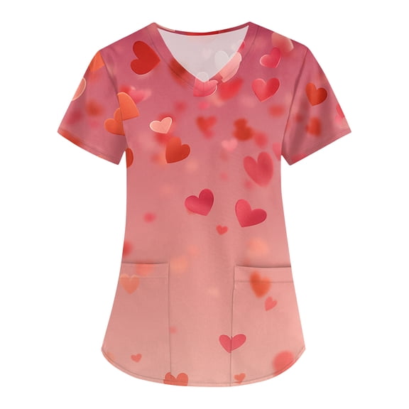 Dresfit Valentines Nursing Scrubs for Women V Neck Short Sleeve Nursing Tops 2026 Love Heart Printed Slim Fit‌ Uniforms‌ Scrubs Stretch Valentines Day Shirt Multicolor L