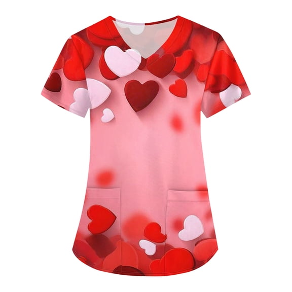 Dresfit Valentines Nursing Tops Women Short Sleeve V Neck Scrub Tops 2026 Love Heart Printed Slim Fit‌ Nursing Scrubs Graphic Valentines Day Working Uniform Vermilion M