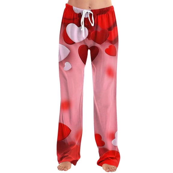 Dresfit Valentines Pajamas Women Drawstring Love Heart Print Sleepwear Graphic Plus Size Wide Leg Pj Pants Lounge Loose Pj Bottoms Valentines Day Pjs Vermilion L