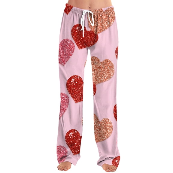 Dresfit Valentines Pajamas for Women Love Heart Print Drawstring Pj Bottoms Lounge Graphic Wide Leg Loungewear Stretch Plus Size Home Pant Valentines Day Pjs Hot Pink M