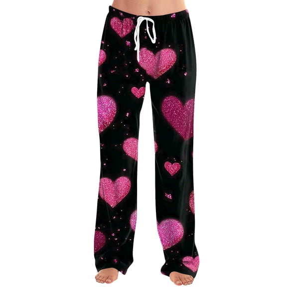 Dresfit Valentines Pajamas Womens Wide Leg Drawstring Loungewear Loose Lounge Love Heart Print Pj Pants Uncuffed Plus Size Home Pant Valentines Day Pjs Watermelon Red 2XL