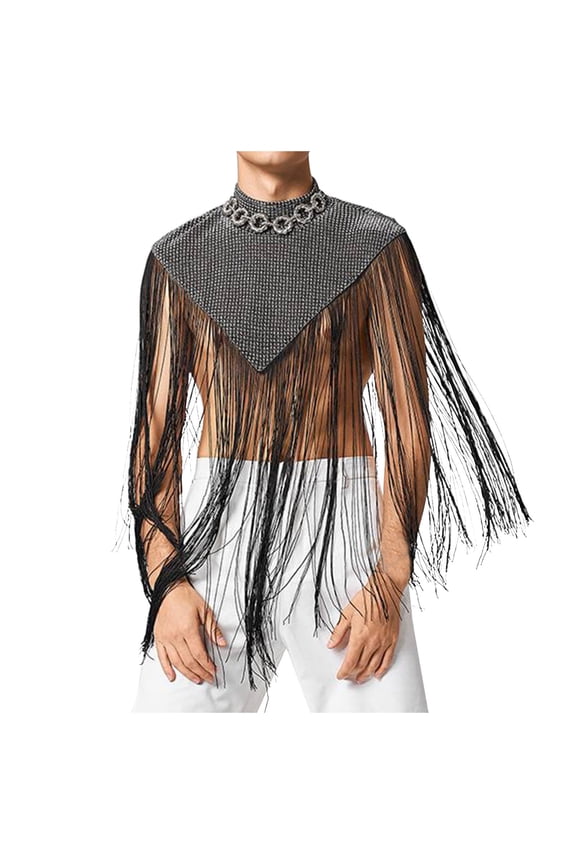Vest Mens 2026 Fringe Trim Tassel Shrug Tank Top Mock Collar Sequins Irregular Cape Long Disco Outfit for Party Lover Gray 5XL