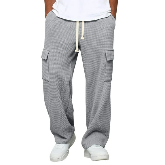 Dresfit Waffle Pants Mens Drawstring Wide Leg Sweatpants Trendy Textured Baggy Hiking Pant Loose Fit Breathable Sports Trousers with Pockets Gray M