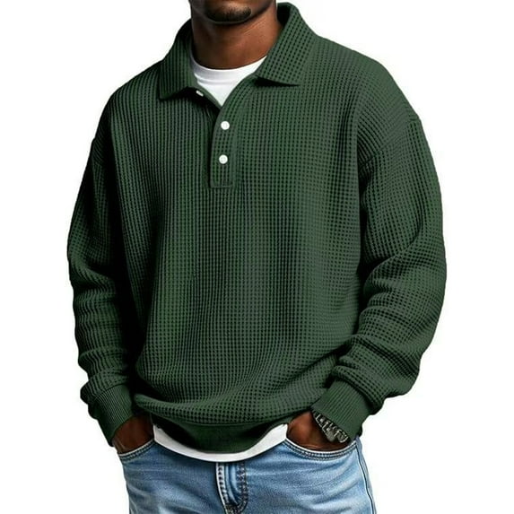 Dresfit Waffle Shirts Men Long Sleeve Henley Polo Shirts Big and Tall Button Knitted Athletic Shirt Collared Texture Button Down Fashion Dark Green S
