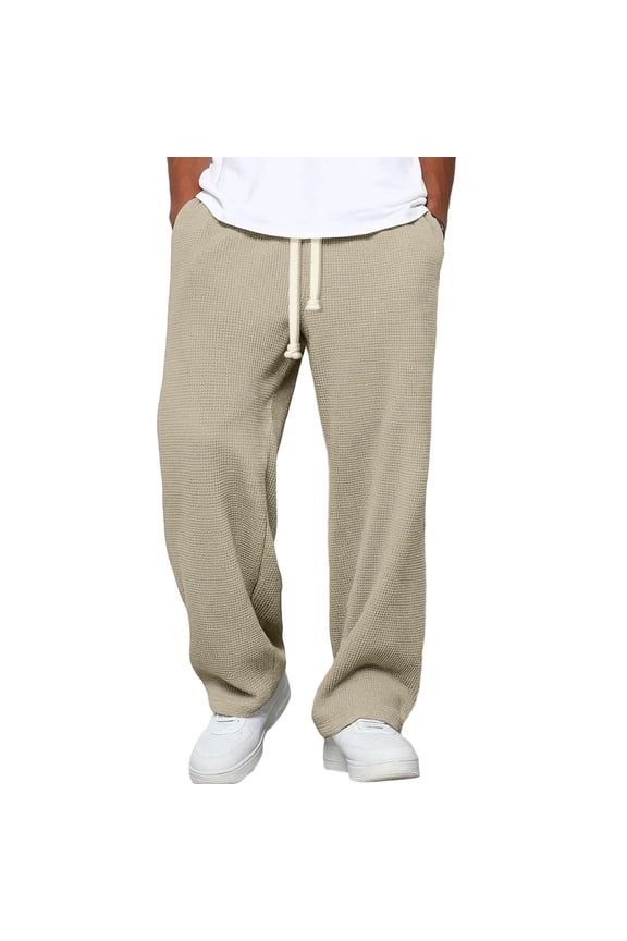 Waffle Sweatpants for Men Drawstring Wide Leg Pants Casual Baggy Textured Dance Sweatpant Stretch Elastic Waist Vintage Trousers with Pockets Khaki XL