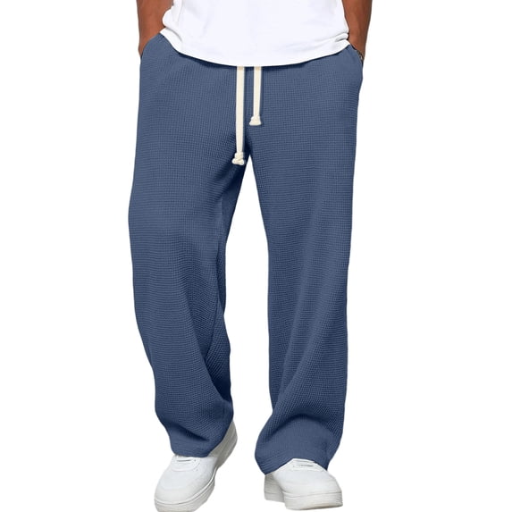 Dresfit Waffle Sweatpants for Men Drawstring Wide Leg Pants Trendy Textured Baggy Vintage Pant Textured Breathable Dance Trousers with Pockets Navy L