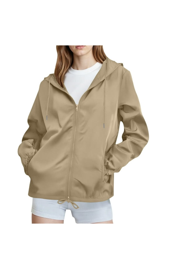 Waterproof Rain Jacket for Women Zip Up Lightweight Windbreaker Jacket with Hood Hooded Sun Protection Hiking Coat Full Zip Breathable Sweaters for Ladies Khaki L
