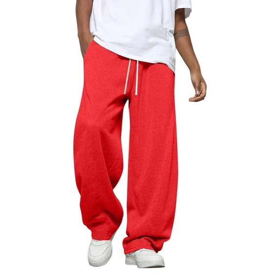 Dresfit Wide Leg Joggers for Men Baggy Cargo Pants Heavyweight Open Bottom Drawstring Sweatpants Elastic Waist Loose Fit Gym Trousers with Pockets Red L
