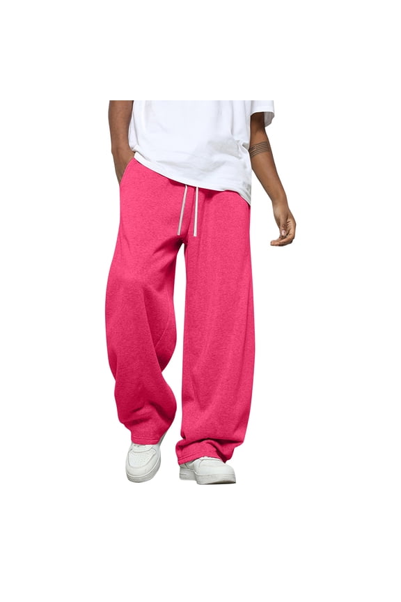 Wide Leg Joggers for Men Cargo Baggy Trousers Elastic Waist Drawstring Open Bottom Sweatpants Fleece Heavyweight Hiking Pants with Pockets Hot Pink L