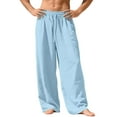 thumbnail image 1 of Dresfit Wide Leg Pants for Men Linen Lounge Pants Spring Summer Big and Tall Straight Leg Loungewear with Back Pockets Elastic Waist Baggy Uncuffed Travel Trousers Light Blue M, 1 of 8