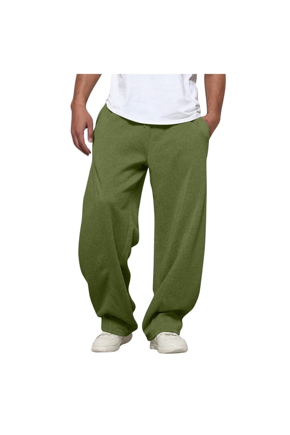 Wide Leg Pants for Men Solid Color Elastic Waist Cotton Joggers Open Bottom Drawstring Big and Tall Sweatpants Straight Pull on Running Track Pants Army Green L