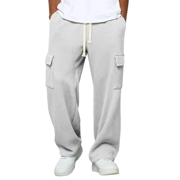 Dresfit Wide Leg Pants for Men Textured Waffle Sweatpants Casual Baggy Drawstring Vintage Trousers Stretch Elastic Waist Sports Pant with Pockets White 2XL