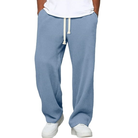 Dresfit Wide Leg Pants Mens Textured Waffle Sweatpants Trendy Drawstring Baggy Vintage Trousers Loose Fit Stretch Travel Pant with Pockets Blue S