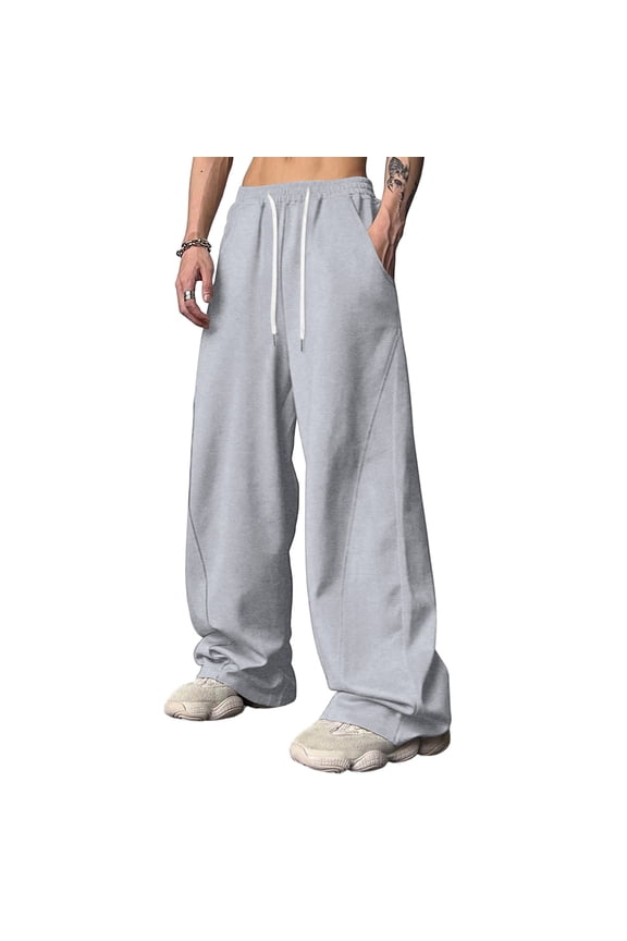 Wide Leg Pants Mens Uncuffed Baggy Joggers Elastic Waist Drawstring Long Sweatpants Open Bottom Loose Fit Uncuffed Lounge Trousers with Pockets Light Gray M