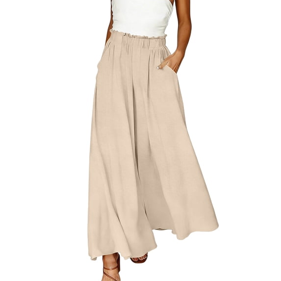 Dresfit Wide Leg Pants Woman Palazzo Linen Pants Summer 2026 Flowy Baggy Pant Loose Strech Plus Size Lounge Trousers with Pockets L