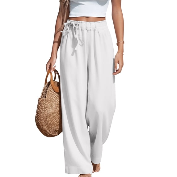 Dresfit Wide Leg Pants for Women Palazzo Linen Yoga Pant Summer 2026 Lightweight Loose Trousers Elastic High Waist Cotton Beach Slacks with Pockets White M
