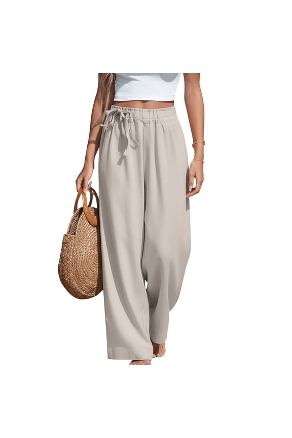 Wide Leg Pants Womens Palazzo Linen Yoga Trousers 2026 Summer Flowy Stretch Pant Lounge Elastic High Waist Beach Slacks with Pockets Complexion 2XL