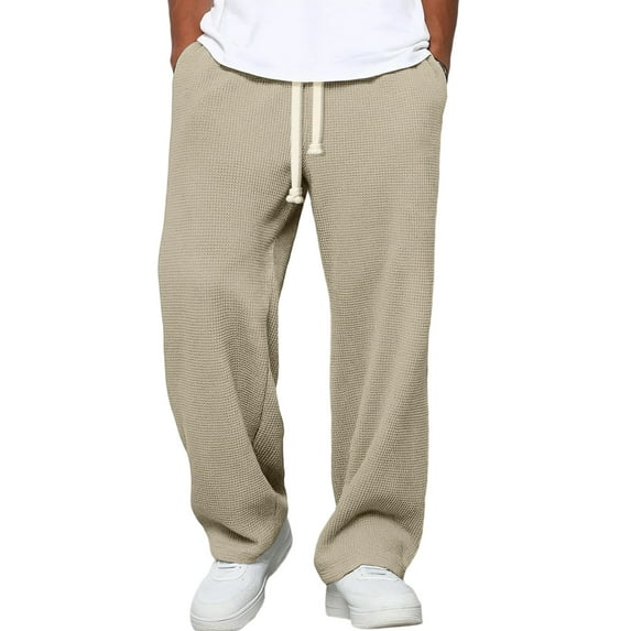 Dresfit Wide Leg Sweatpants for Men Baggy Waffle Pants Casual Textured Drawstring Sports Pant Lightweight Breathable Vintage Trousers with Pockets Khaki 2XL