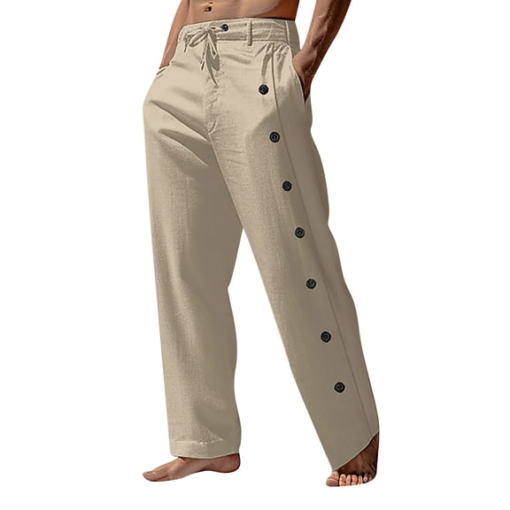 Dresfit Wide Leg Sweatpants for Men Summer Big and Tall Linen Pants Side Buckles Cotton Hawaiian Trousers Spring Loose Fit Straight Lounge Joggers with Pockets Khaki XL