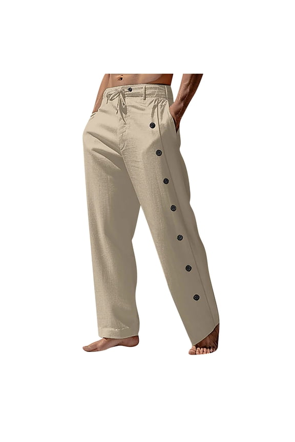 Wide Leg Sweatpants for Men Summer Big and Tall Linen Pants Side Buckles Cotton Hawaiian Trousers Spring Loose Fit Straight Lounge Joggers with Pockets Khaki XL