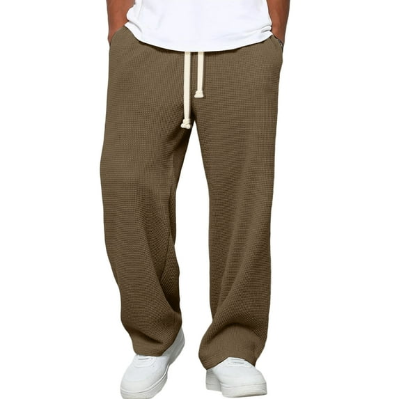 Dresfit Wide Leg Sweatpants Men Textured Waffle Pants Casual Drawstring Baggy Lounge Trousers Textured Breathable Travel Sweatpant with Pockets Brown S