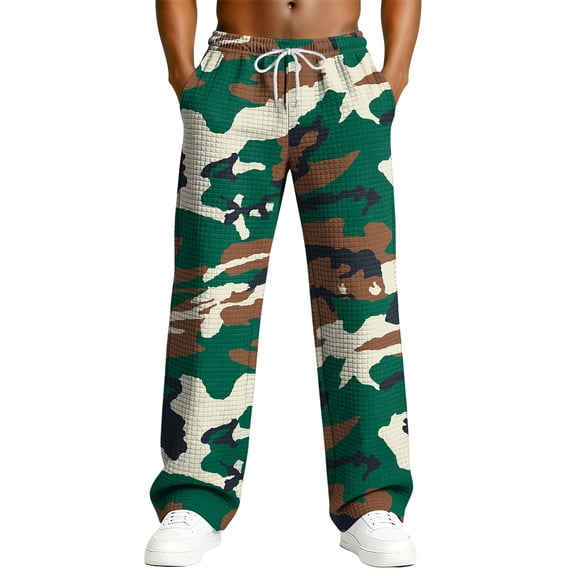 Dresfit Wide Leg Sweatpants Mens Baggy Camo Pants Sumemr Textured Waffle Knit Drawstring Joggers Spring Lounge Solid Knitted Pant with Pockets Green M