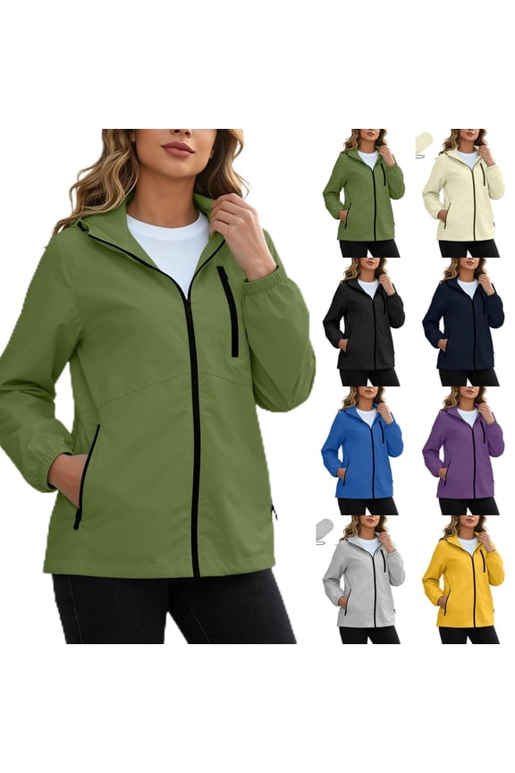 Windbreaker Jacket Womens Long Sleeve Zip Up Rain Jacket 2026 Summer Windproof Hooded Rain Coats Water Resistant Breathable Packable Travel Raincoats Black