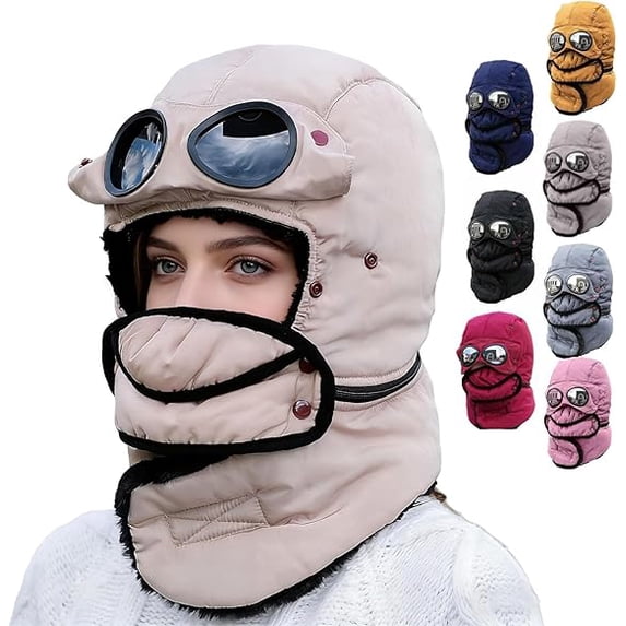 Dresfit Winter Thermal Hiking Hat with Glasses Unisex Warm Balaclava Hat Windproof Ski Mask Cap for Men Women Beige