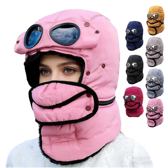 Dresfit Winter Thermal Trapper Hat with Goggles Adjustable & Windproof Ski Mask Hat Unisex Winter Thermal Hats Pink