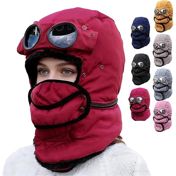 Dresfit Winter Thermal Trapper Hat with Goggles Adjustable & Windproof Ski Mask Hat Unisex Winter Thermal Hats Wine