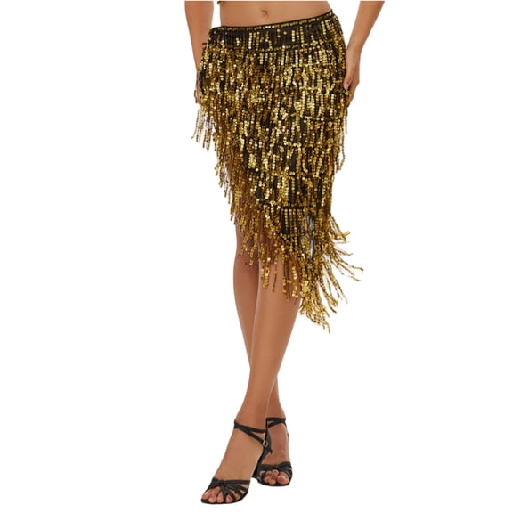 Dresfit Women's Belly Dance Outfit Sparkly Sequin Skirt Paillette Tassels Mardi Gras Hip Scarf for Carniva Holiday Party Shiny Wrap Skirt with Rhinestones Gold One Size