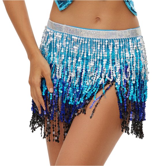 Dresfit Women's Belly Dance Outfit Tassels Sequin Skirt Sparkly Paillette Mardi Gras Dance Skirt with Rhinestones Slim Fit Holiday Skirt for Carniva Holiday Party Blue One Size