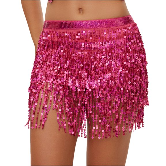 Dresfit Women's Belly Dance Skirt Sparkly Sequin Outfit Tassels Paillette Mardi Gras Hip Scarf with Rhinestones Shiny Wrap Skirt for Carniva Holiday Party Hot Pink One Size