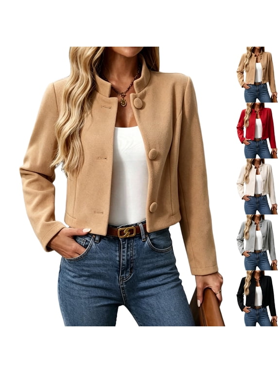 Women's Cropped Jacket Long Sleeve Button Down Jackets Winter Fall Stand Collar Wool Coat Solid Slim Fit Retro Office Coats