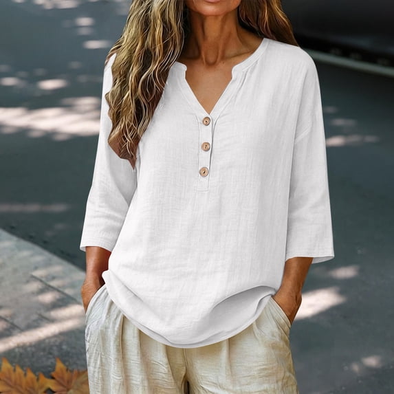 Dresfit Women's Gauze Shirts Button Down V Neck Linen Tops 2026 Summer 3/4 Sleeve Casual Blouses Plain Lightweight Loose Dressy T Shirts S