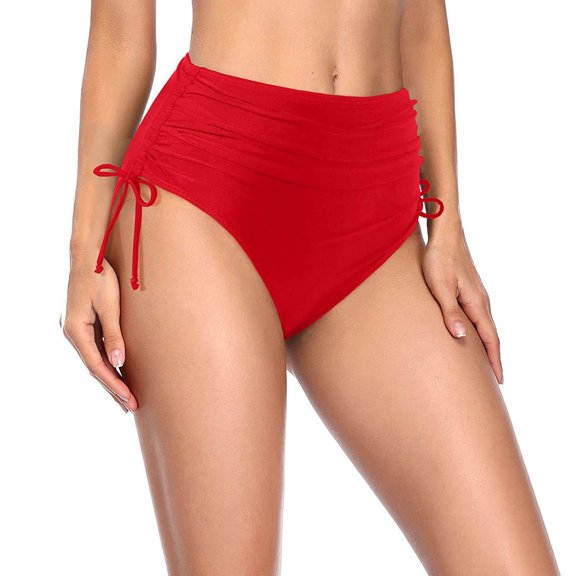 Dresfit Women's High Waisted Bikini Bottoms - Vintage Full Coverage Swim Briefs for Retro Look Red M